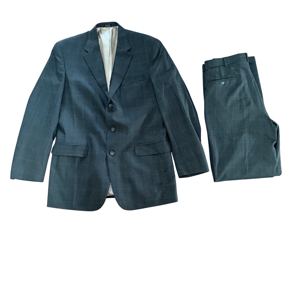 Stafford Mens Gray‎ Plaid 2 Piece Suit Set 100% Wool Blazer 42L Pants 32x33